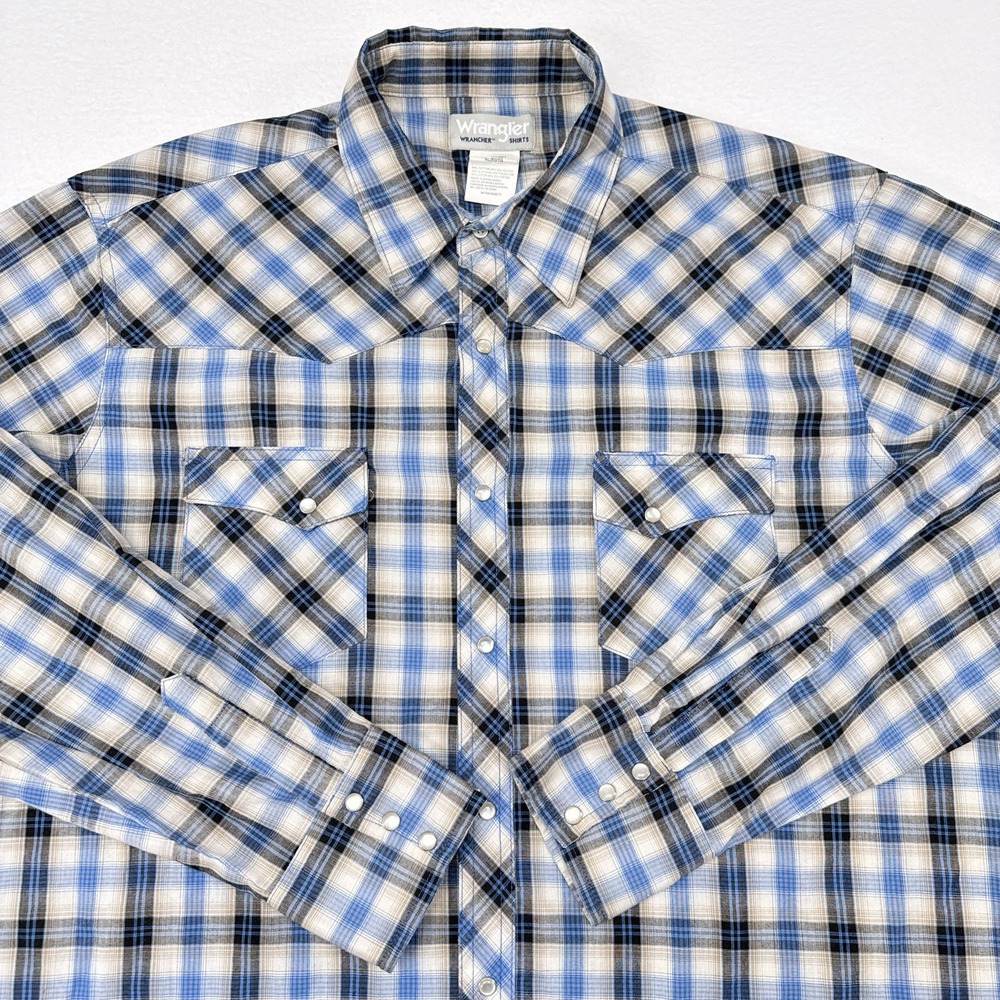 Wrangler Wrancher Shirt XL Blue Plaid Pearl Snap Button Up Western Cowboy Farm
